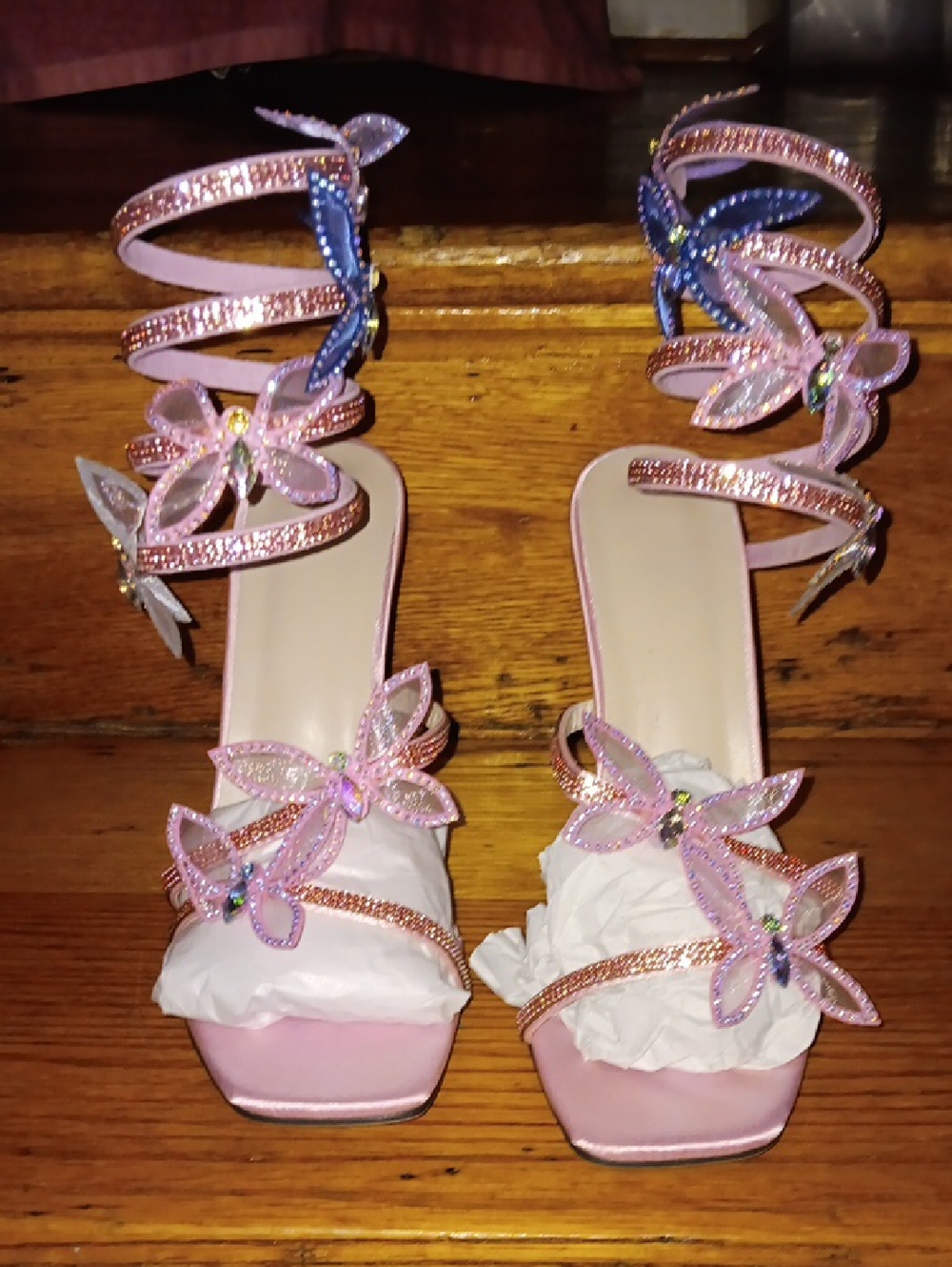 Pink Butterfly Embellished Women's Strappy Heels
